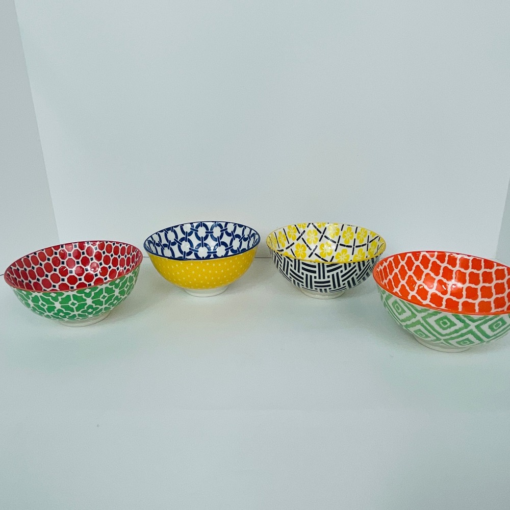 Certified International Ceramic Bowls Set of 4 Multicolor Geometric Excellent